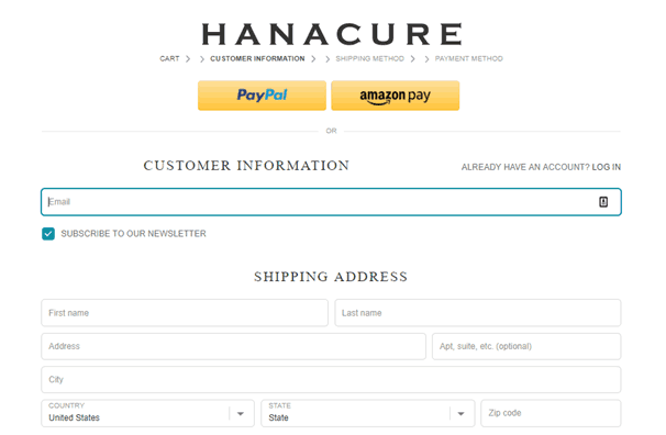 Hanacure checkout page displaying PayPal and AmazonPay checkout buttons