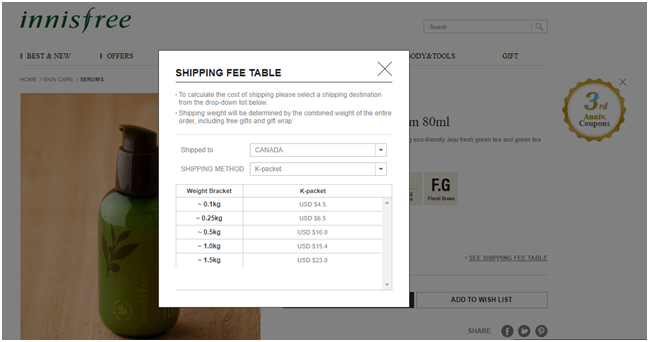 Shipping fee table displaying various shipping charges for different product weights