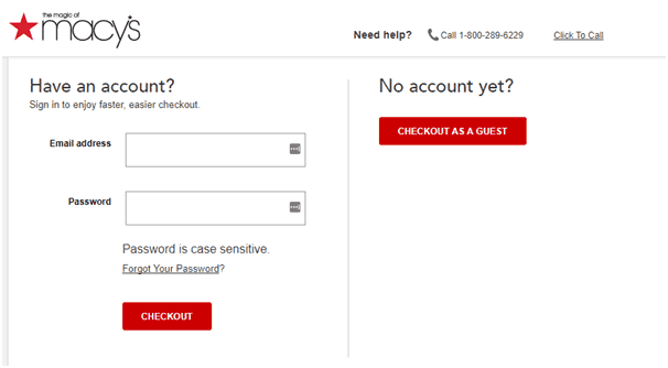Macy’s checkout page with an option to login or checkout as guest