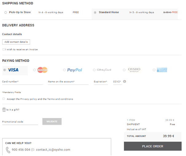 Oysho checkout page where shoppers can enter delivery and payment information on a single page