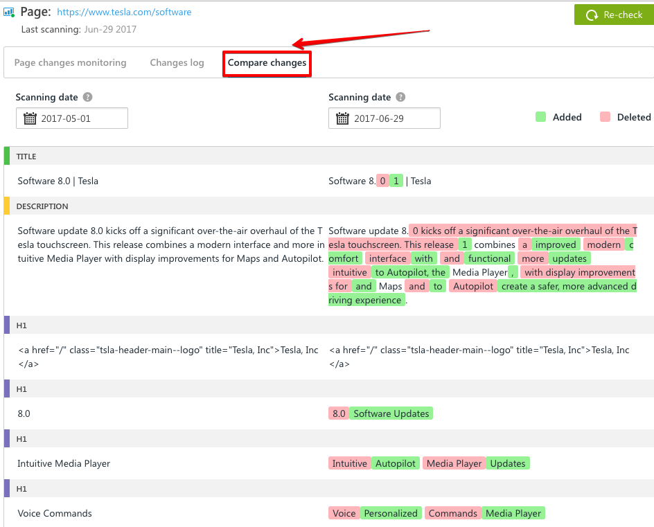 SE Ranking Tool - Compare Changes