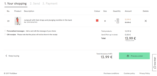 Checkout page of Pull and Bear highlighting order review stage and displaying two other stages for checkout