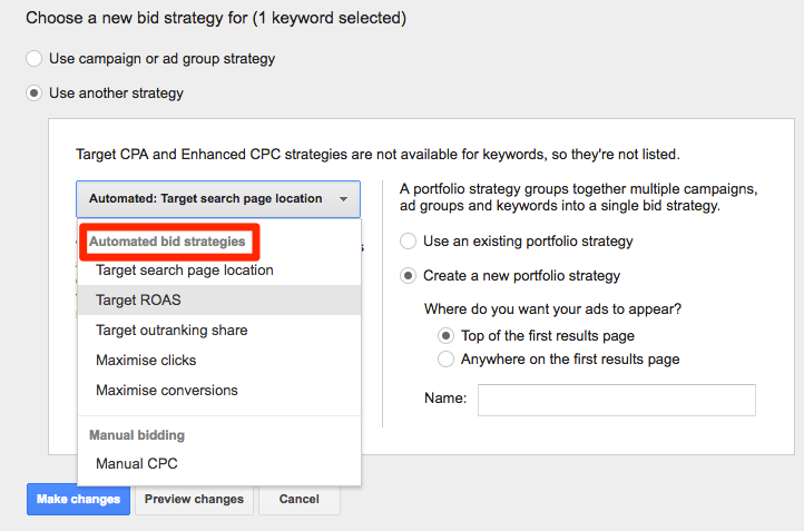 Example automated bidding options in Google AdWords