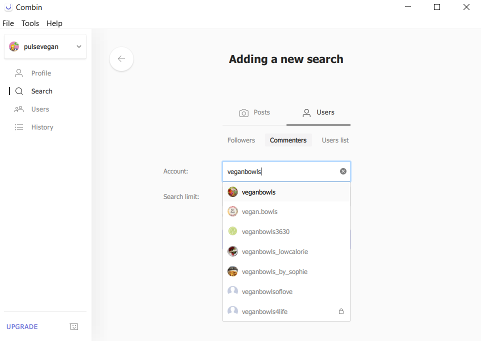 adding a new search in combin using other instagram accounts 2