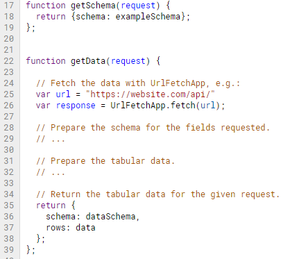 Code being written to build a Data Studio Community Connector