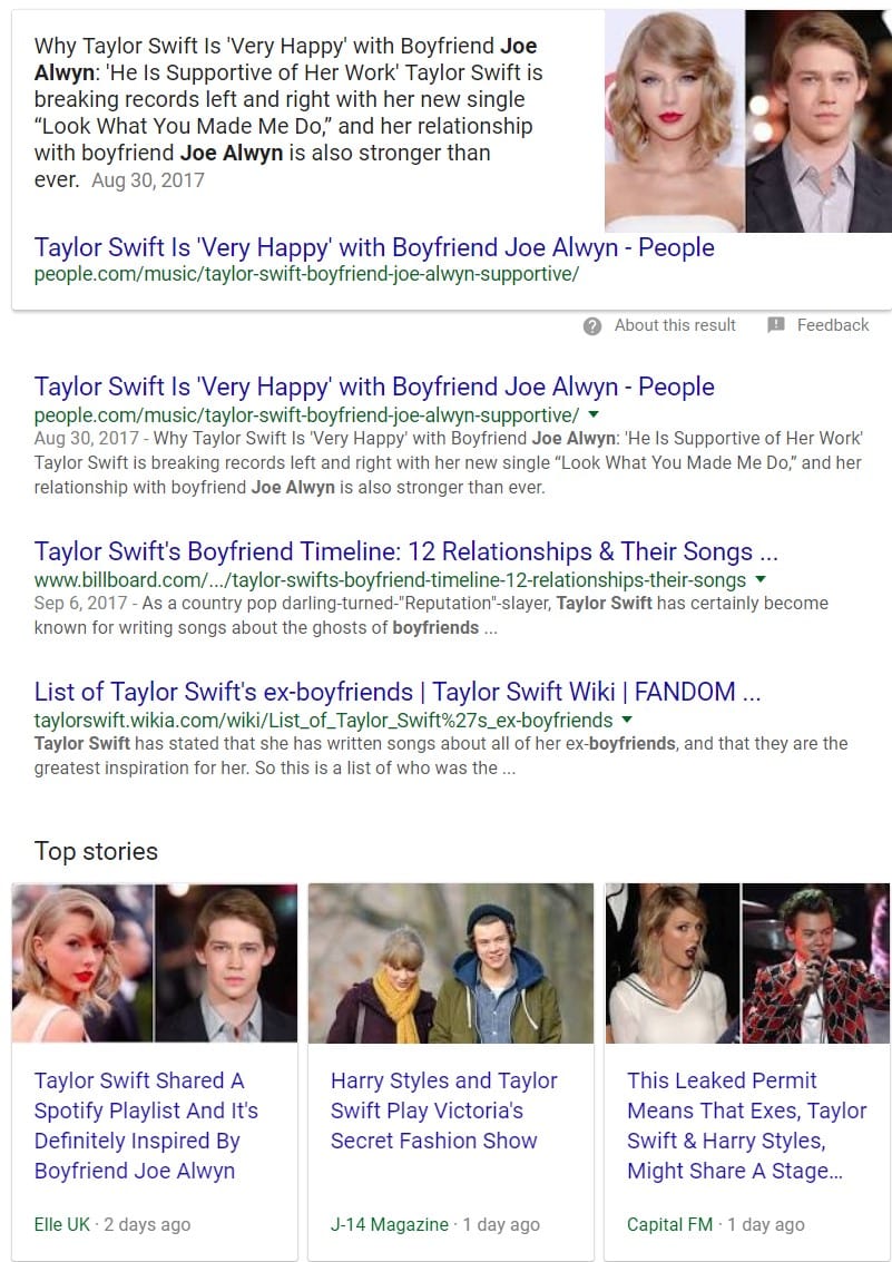 Tailor Swift SERPs Oct 2017