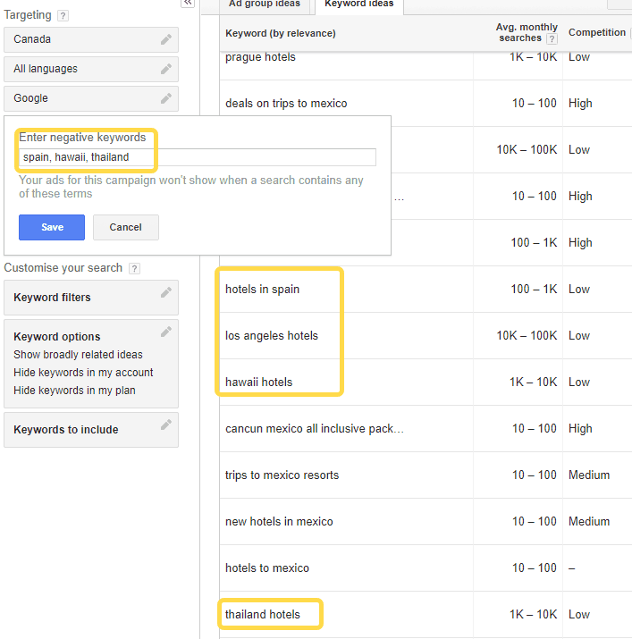 Keyword Planner negative keywords