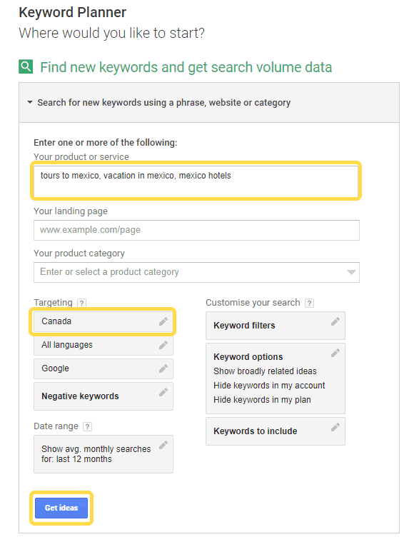 Keyword Planner seed keywords