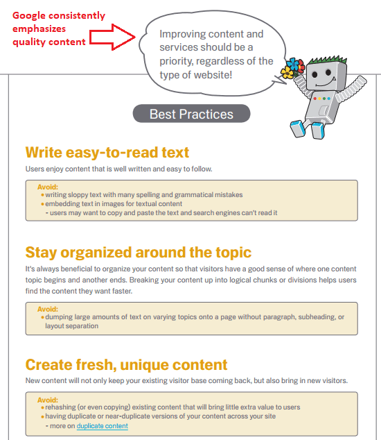 Google consistently emphasizes quality content