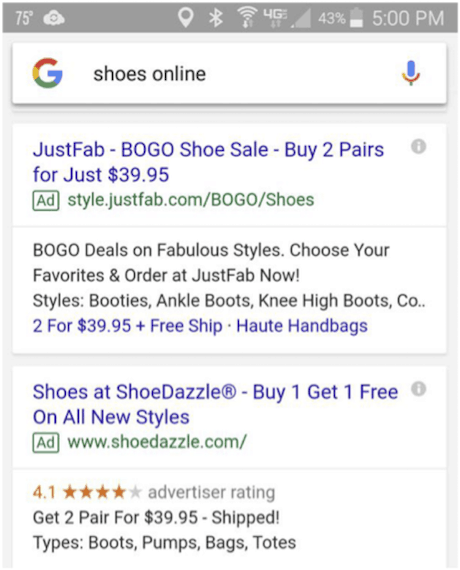 Shoes online Google mobile search
