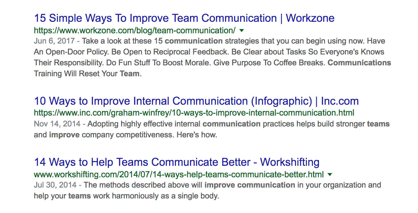 Google top results for team communication