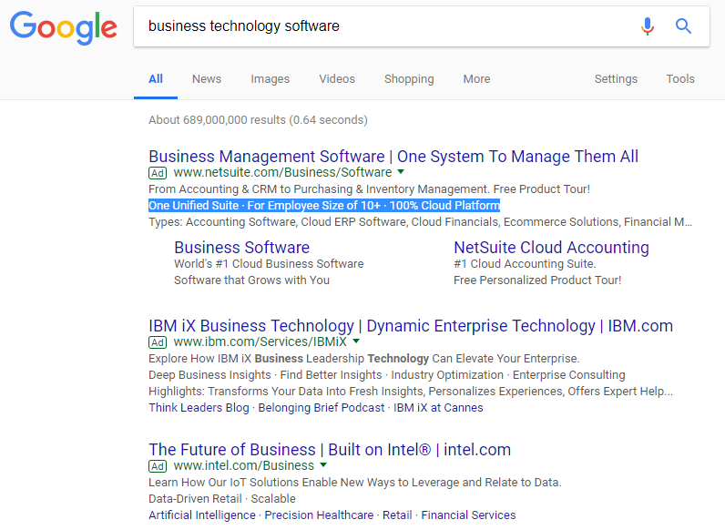 Screenshot of business technology software - Google Search 2.26.18