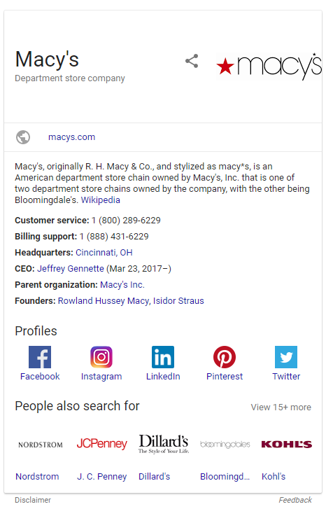 Screenshot of the Knowledge Grpah for Macys search in Google SERP 2.26.18