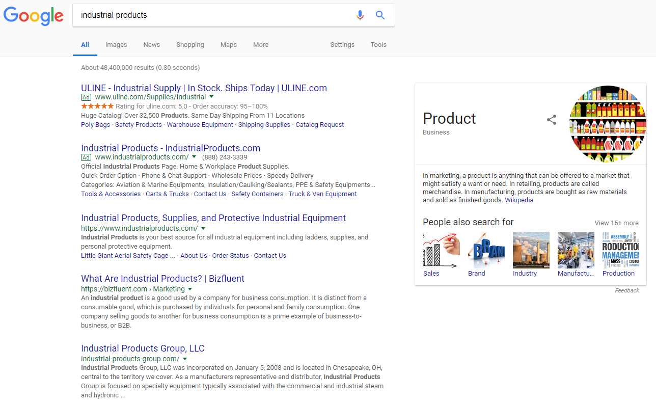 Screenshot of Google search for industrial products taken 2.26.18