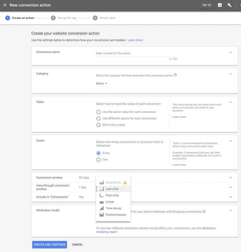 AdWords attribution conversion setting