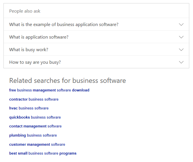 Screenshot of Bing search for business software