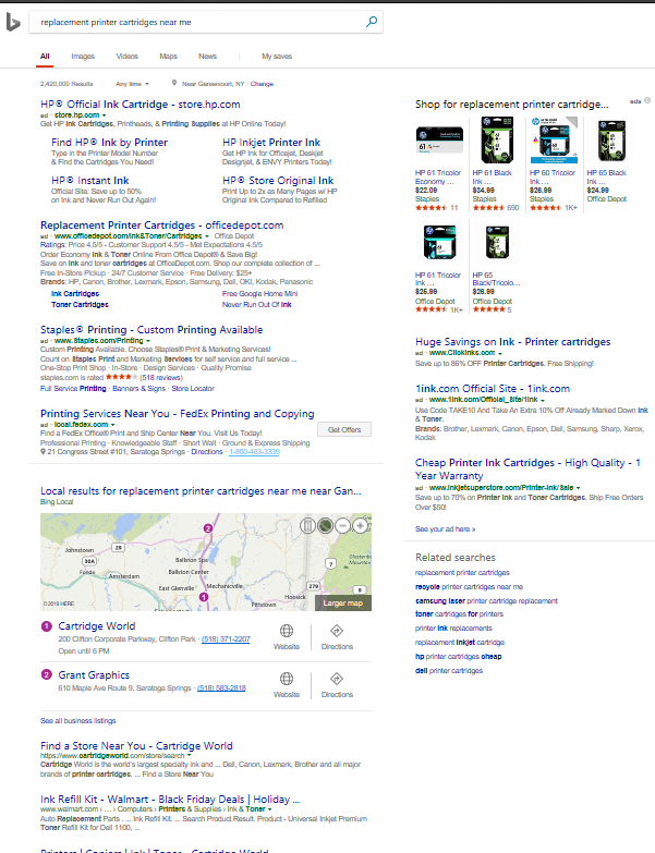 Screenshot of Bing search for replacement printer cartridges near me taken 2.26.18 near Saratoga Springs NY