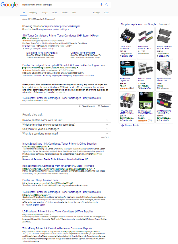 Screenshot of Google search for repalcement printer cartridges taken 2.26.18
