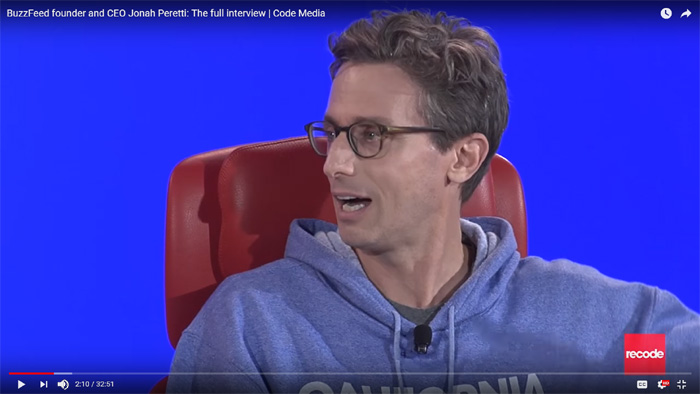 Screenshot of a video of Jonah Peretti, CEO of BuzzFeed, discussing building a viable business with social media.