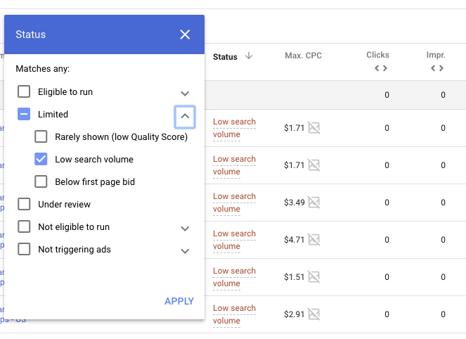 adwords low search volume filter