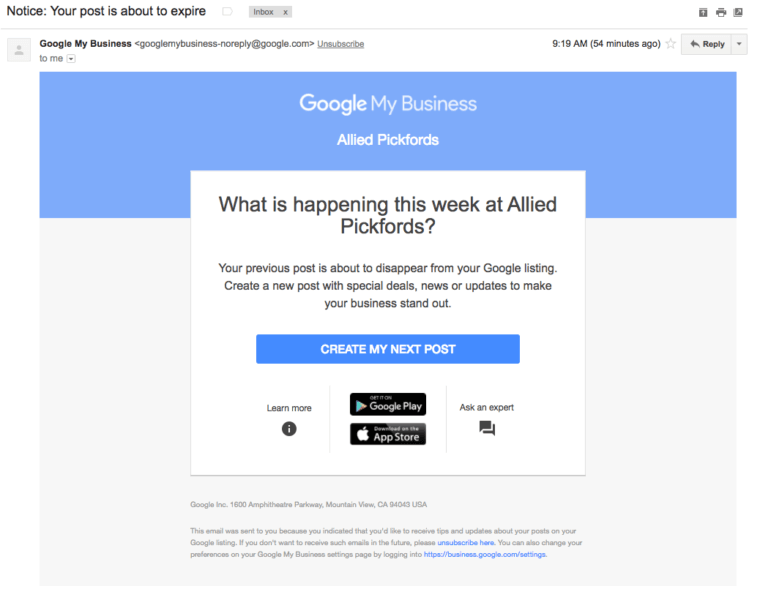 Google My Business Notification About Post Expire