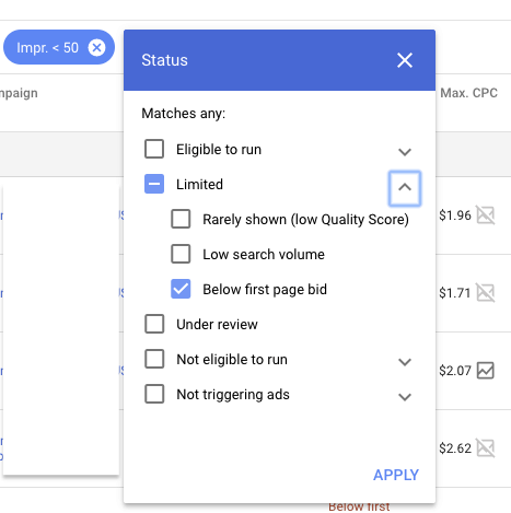 Adwords keywords below first page bid