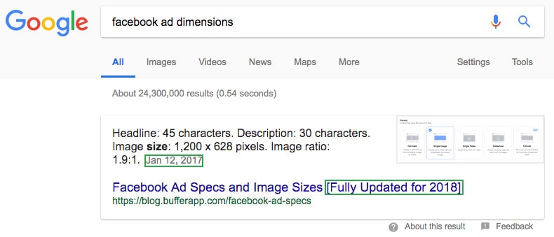 facebook ad dimensions query result