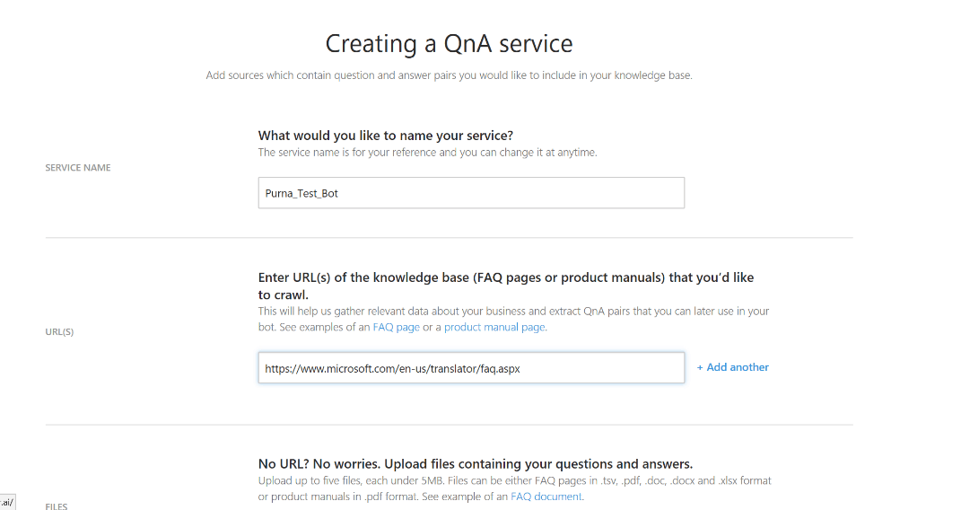 Creating a QnAMaker service screenshot