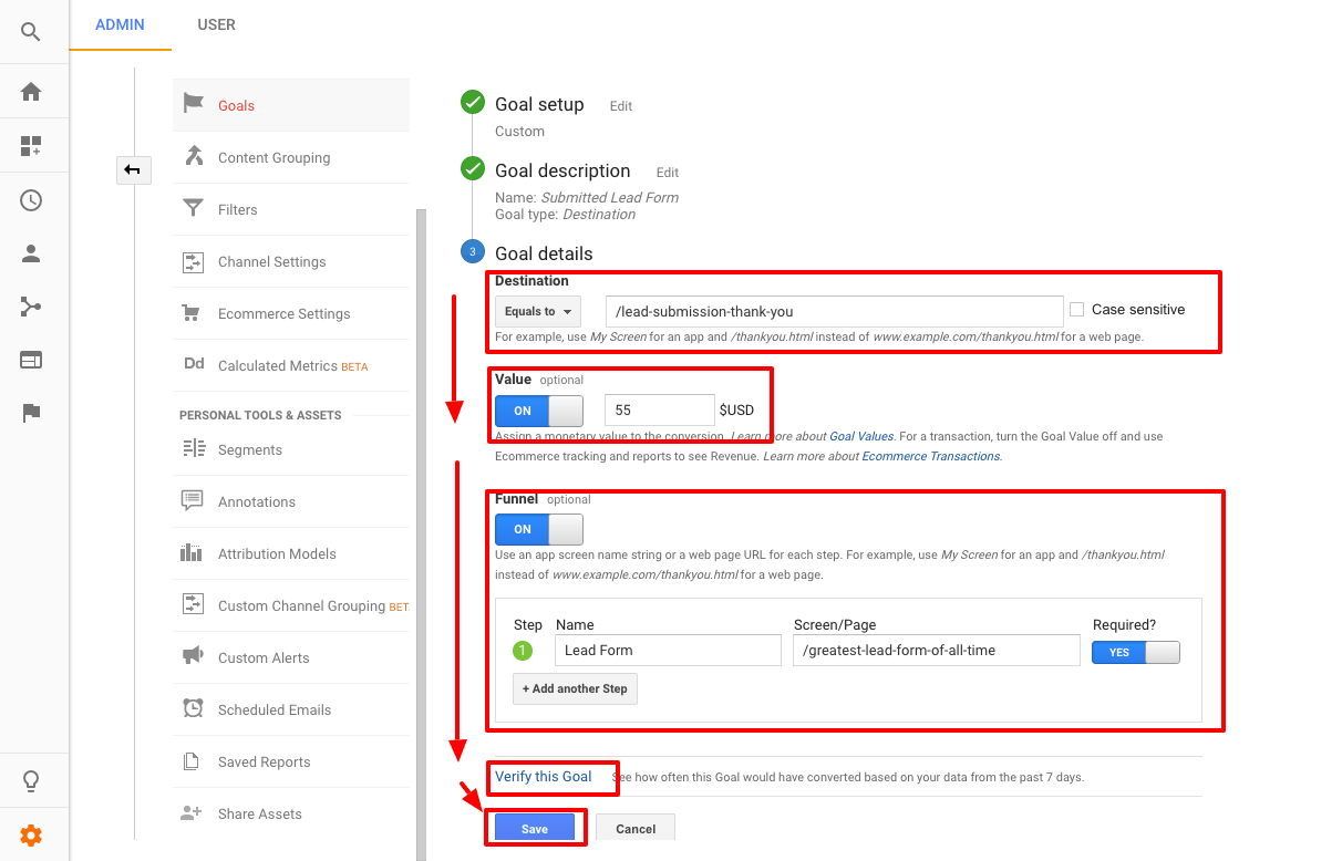 Important fields to complete for Goal details.