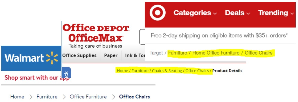 target, office depot & walmart website categories