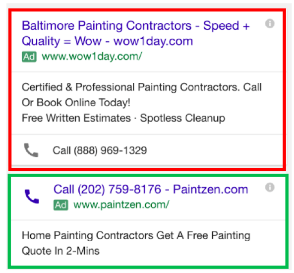 Examples of call only campaigns featuring ads for painting services