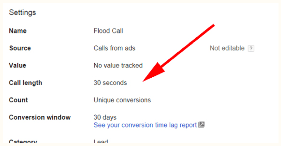 Image of call length inside Adwords dashboard