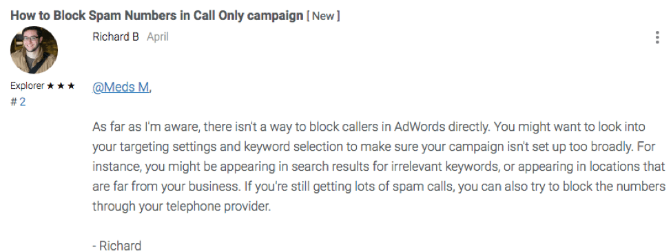 Google community user response about blocking spam numbers in call only campaigns