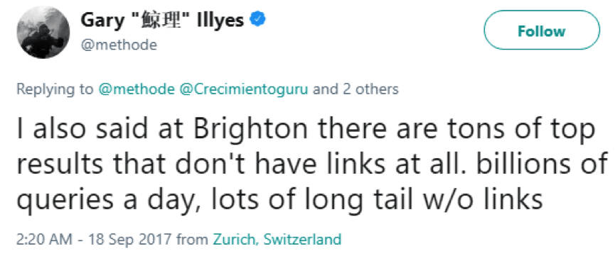 Gary Illyes' Tweet: For some results, links aren’t a factor at all