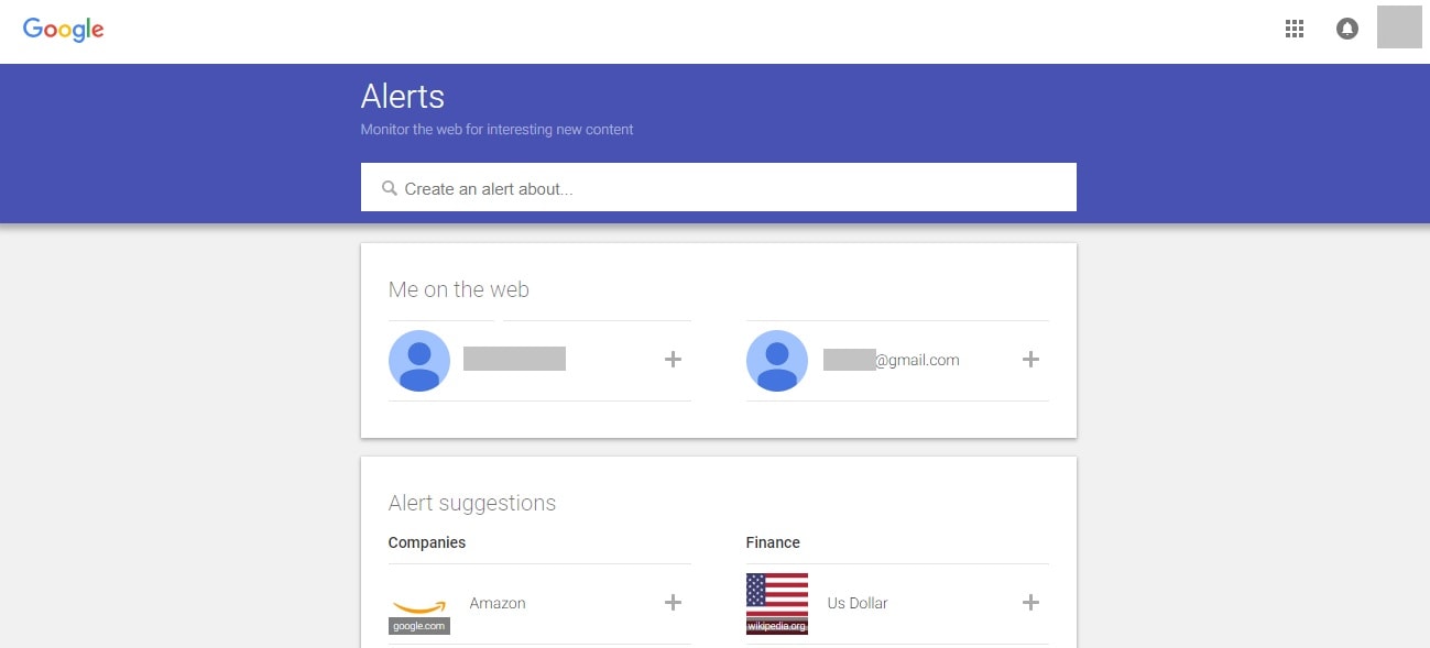 The Google Alerts setup page.