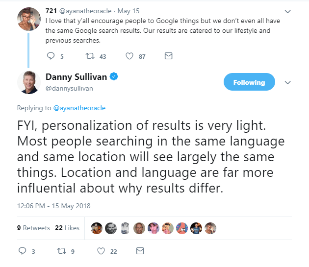 Danny Sullivan's tweet on Google's personalized search results