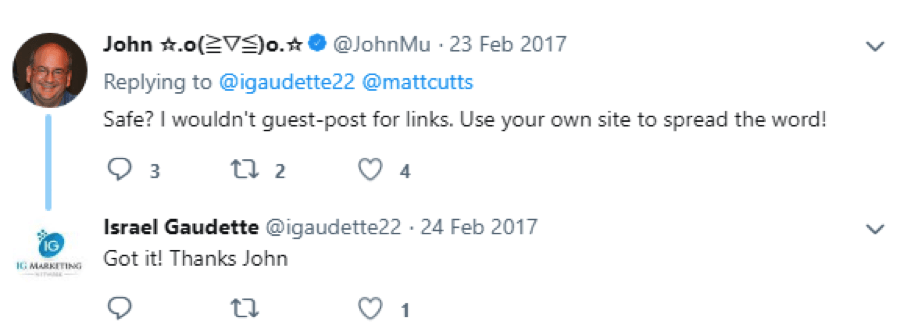 John Mueller Tweet: I wouldn't guest-post for links. Use your own site to spread the word!