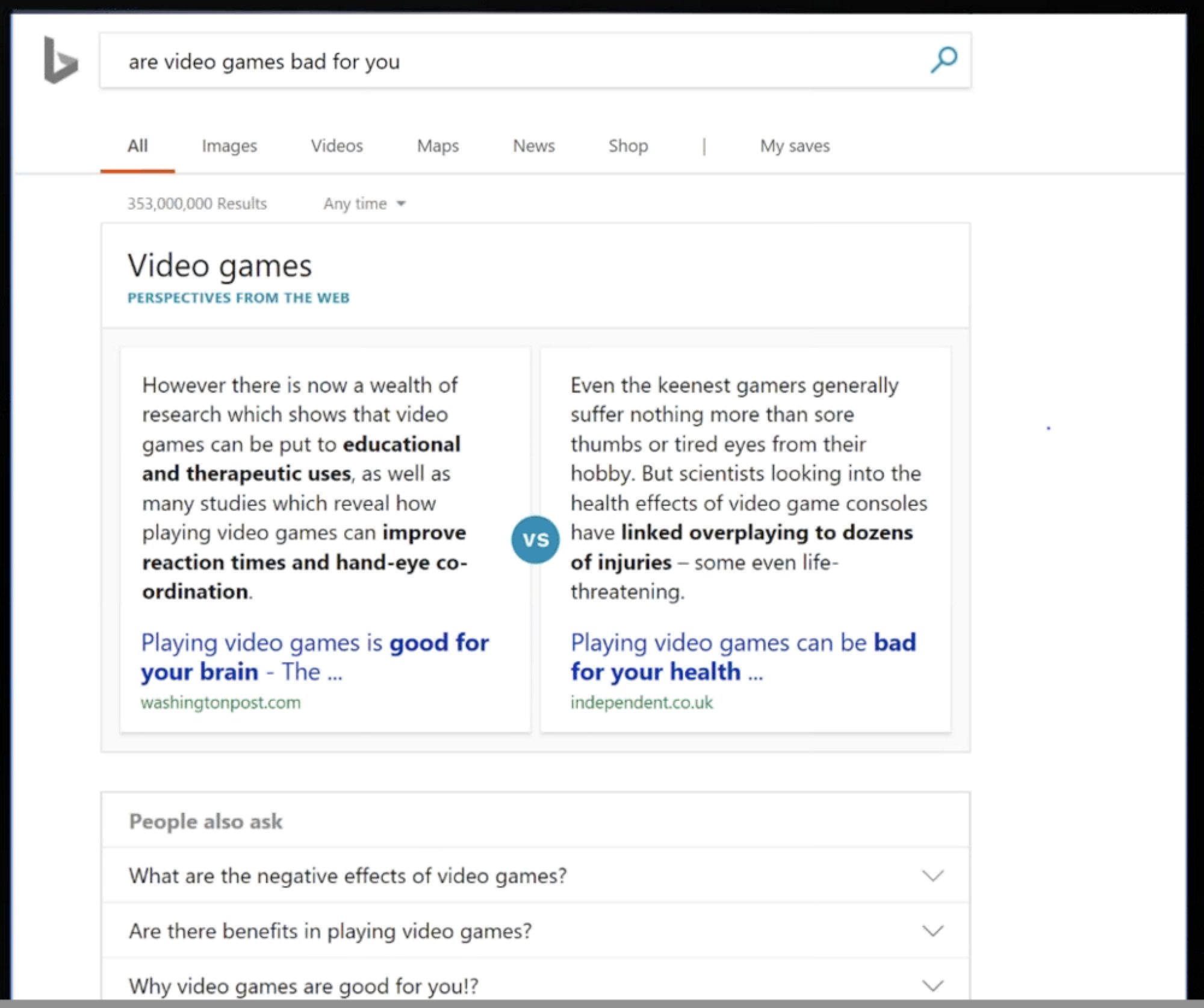 Bing Video Games Multi-Perspective Answers