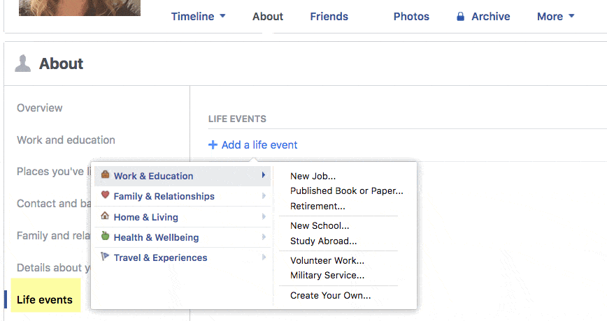 Facebook user life events