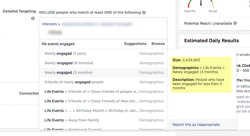 Facebook life events targeting