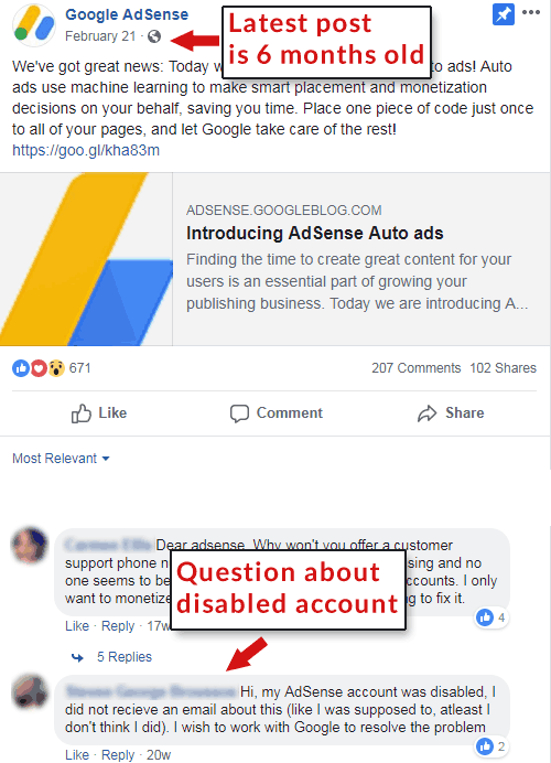 Screenshot of official AdSense Facebook page