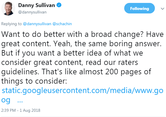 Screenshot of a tweet by Google's Danny Sullivan