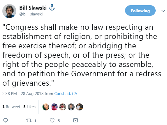 Screenshot of a tweet by Bill Slawski quoting the first amendment