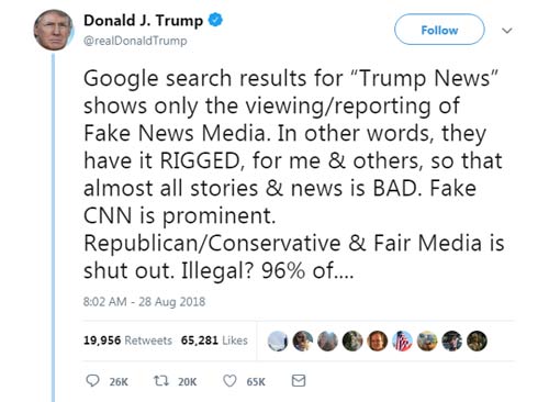 Screenshot of a tweet by Donald Trump threatening to regulate Google search results.
