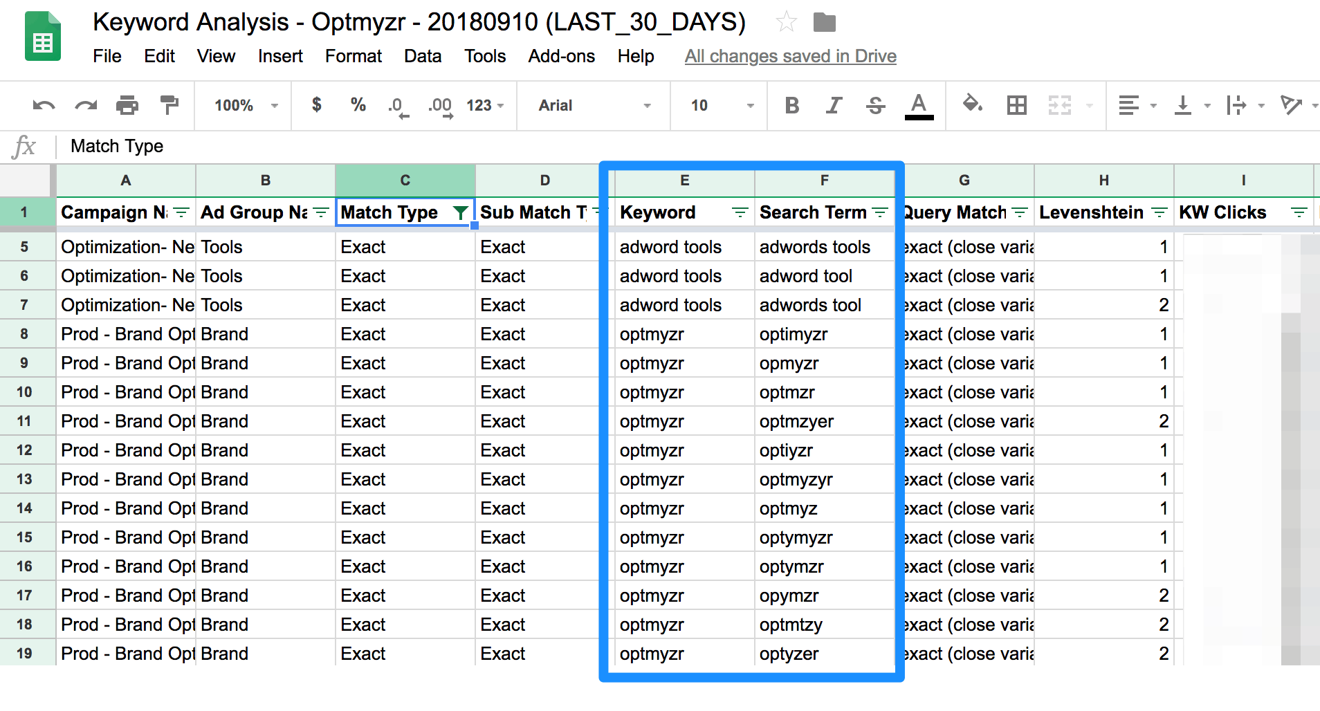 spreadsheet with close variant ads data