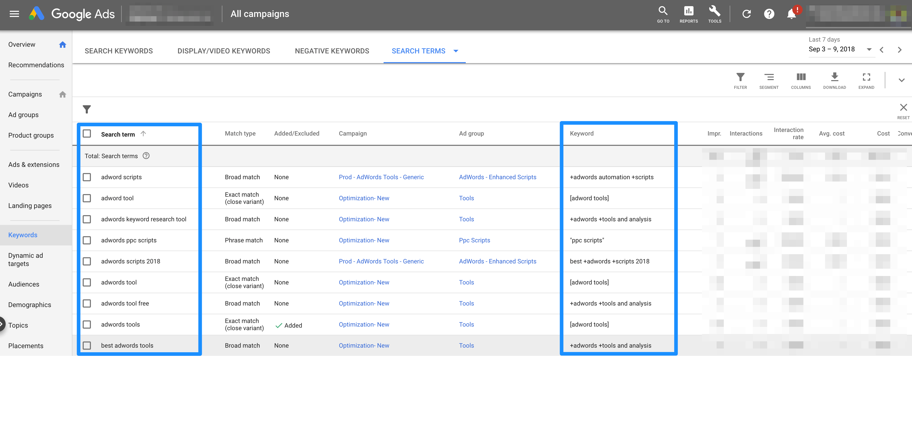 Search terms analysis in Ads UI