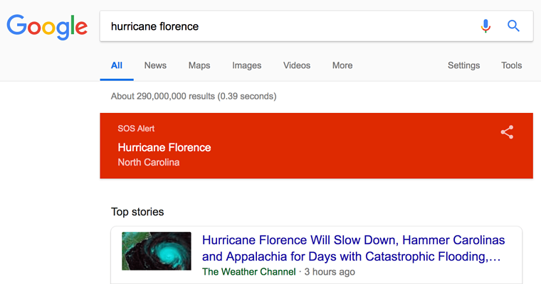 Google Search Activates SOS Alert for Hurricane Florence