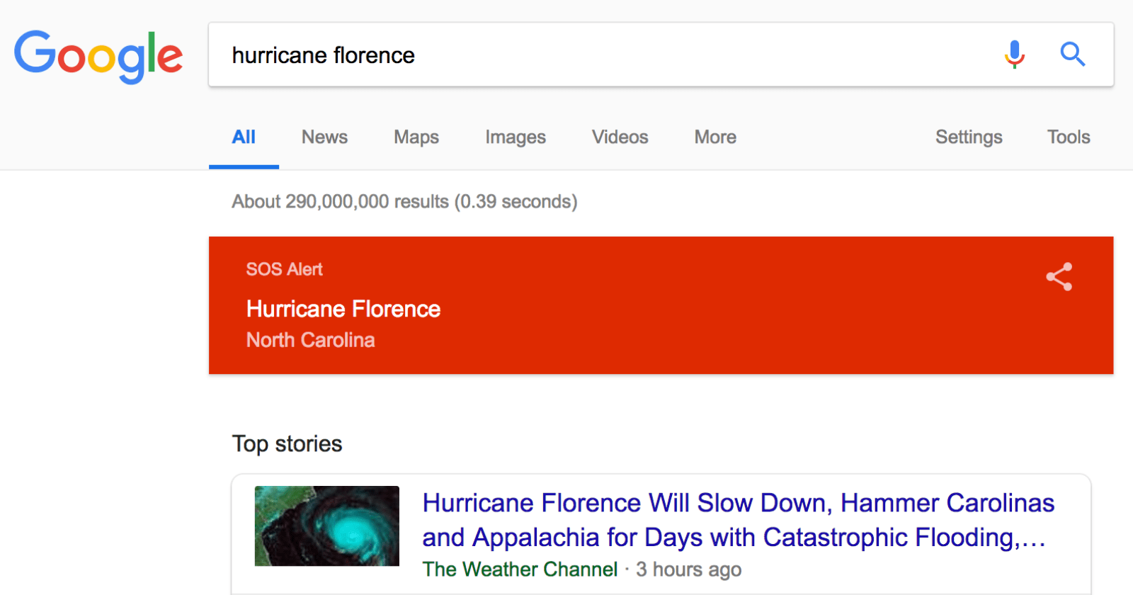 Google Search Activates SOS Alert for Hurricane Florence
