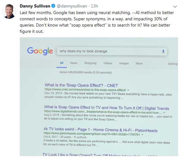 Screenshot of a tweet by Danny Sullivan discussing neural matching.