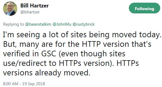Screenshot of a tweet by Bill Hartzer about increase in notices from Google Search Console about mobile first indexing